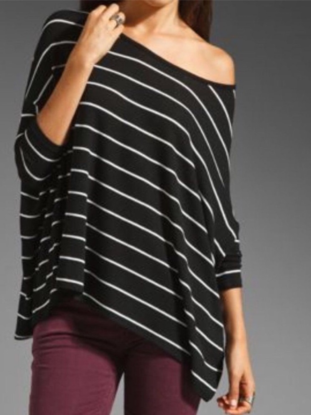 Nation Ltd Black & White Striped Dolman Batwing Slouchy Knit Top Cozy One Size